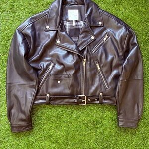 Avec les filles Faux Leather jacket with plaid lining